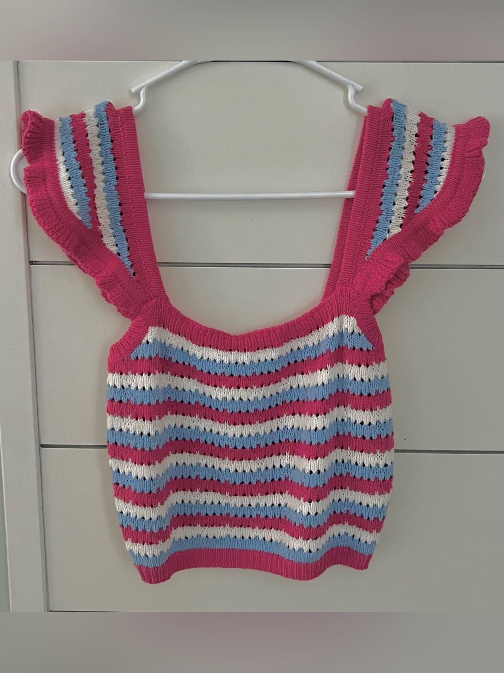 Blue Blush Pink White Striped Crochet Crop Top